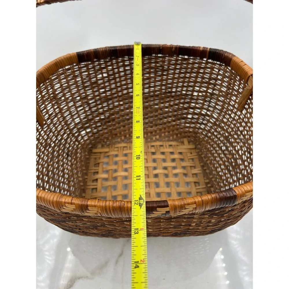 Vintage Handwoven Wicker Basket Rectangular Brown Tan Storage Decor with Handle
